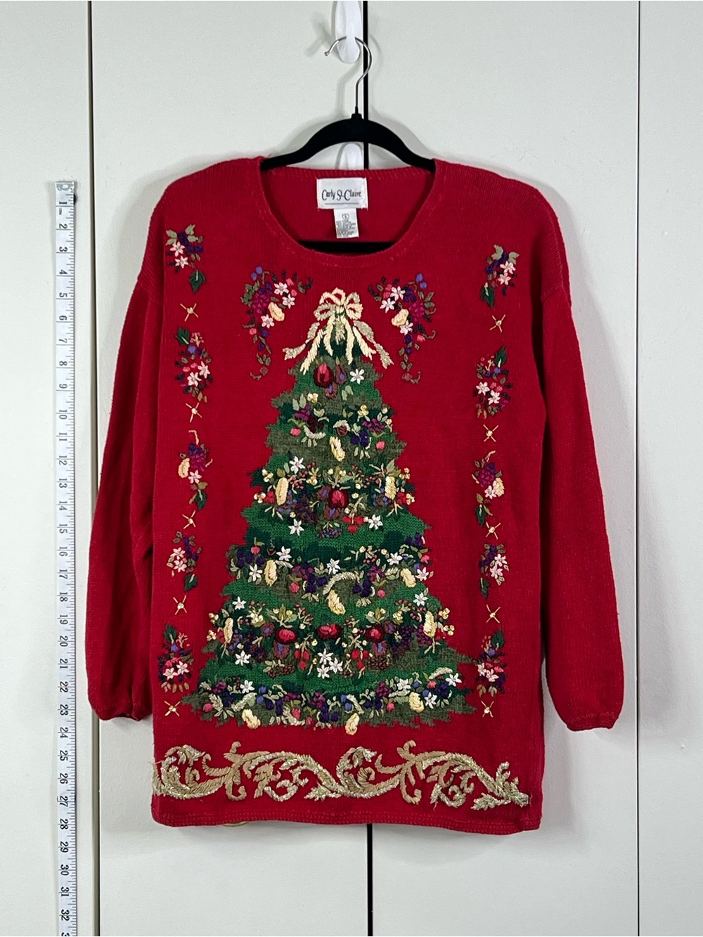 Vintage Carly St. Claire Embroidered Christmas Tree Sweater – Size Small